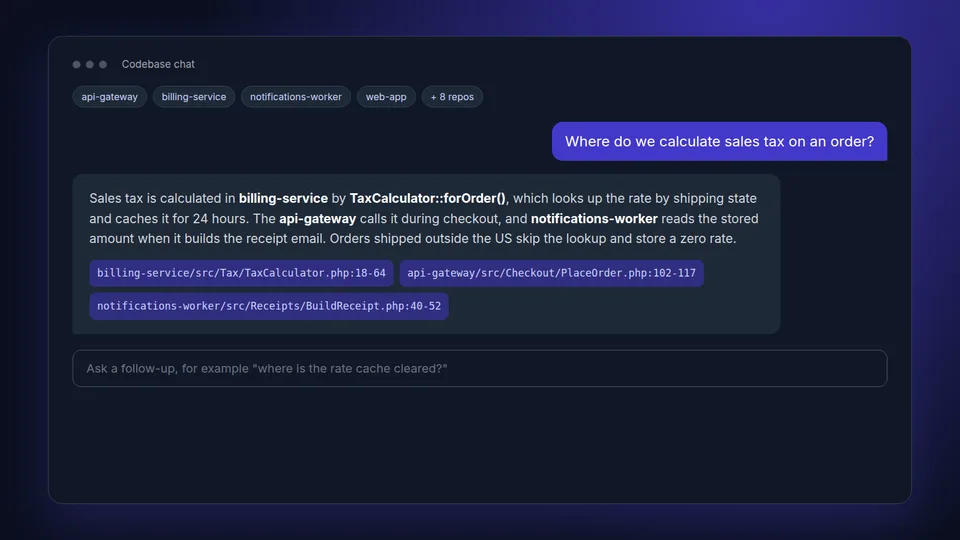 CodeIndex codebase chat answering where sales tax is calculated, citing files in three repositories