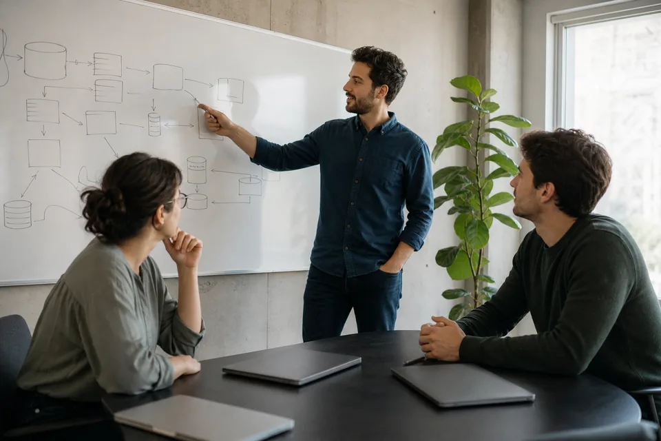 Three engineers in a meeting room mapping services and repositories on a whiteboard