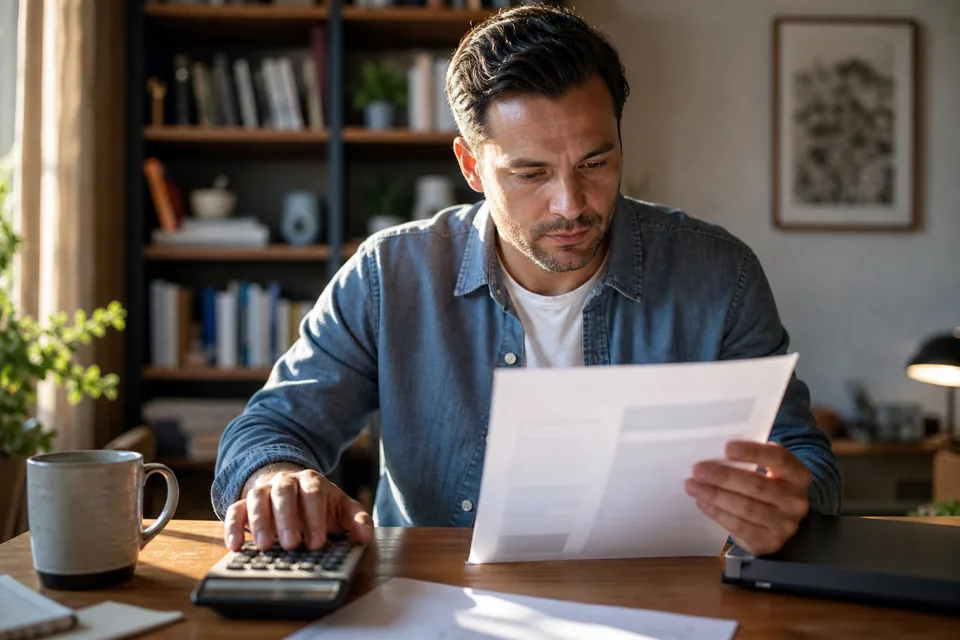 Engineering manager at a desk checking a printed software quote with a calculator