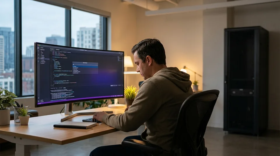 Engineering lead searching a private GitHub codebase in a hosted code search tool, with no server to maintain
