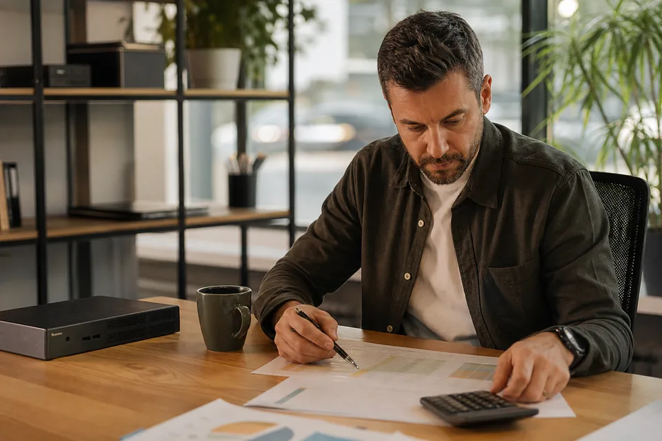 Engineering manager reviewing a printed software budget with a calculator