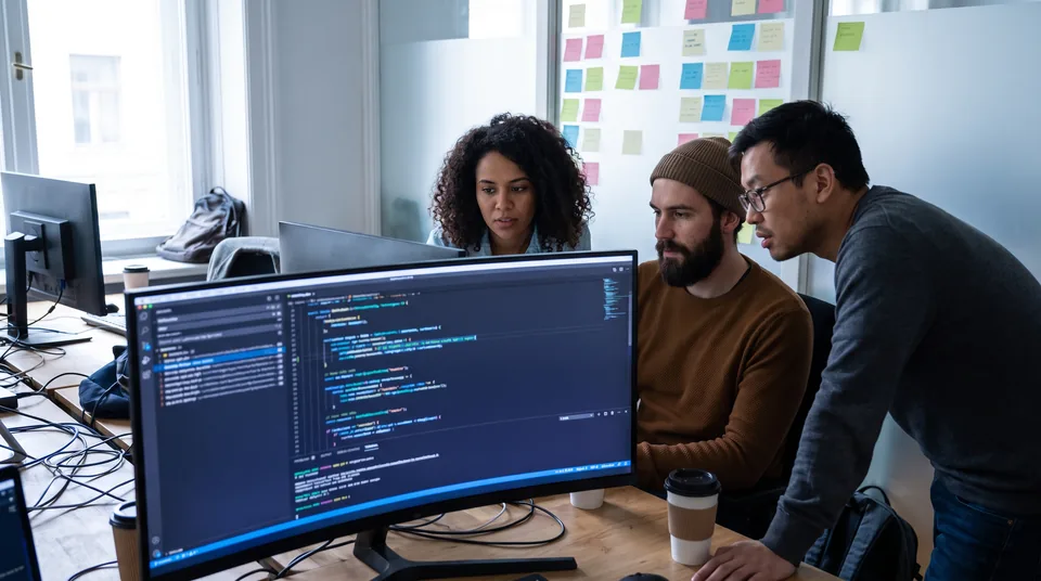 Small engineering team reviewing a private GitHub codebase together on a large screen
