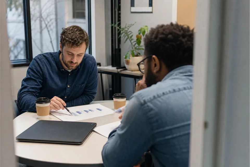 Engineering lead comparing per-seat software costs on a printed sheet with a teammate